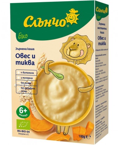 Био безмлечна каша Слънчо - Овес и тиква, 6 м+, 180 g