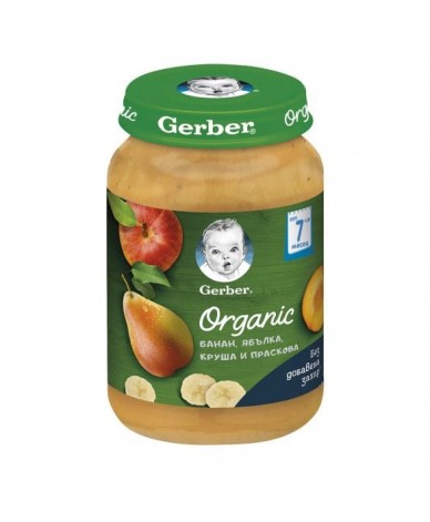 GERBER ORGANIC Пюре банан, ябълка, круша и праскова 7 месец, 190 гр.