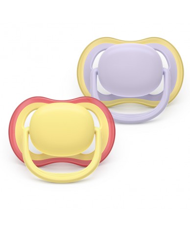 2 броя ортодонтски силиконови залъгалки Philips AVENT SCF087/03 Ultra Air, 0-6м, пастелни едноцветни, в кутия за стерилизиране