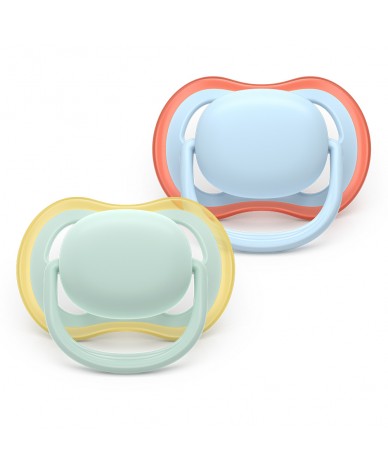 2 броя ортодонтски силиконови залъгалки Philips AVENT SCF087/01 Ultra Air, 0-6м, пастелни едноцветни, в кутия за стерилизиране