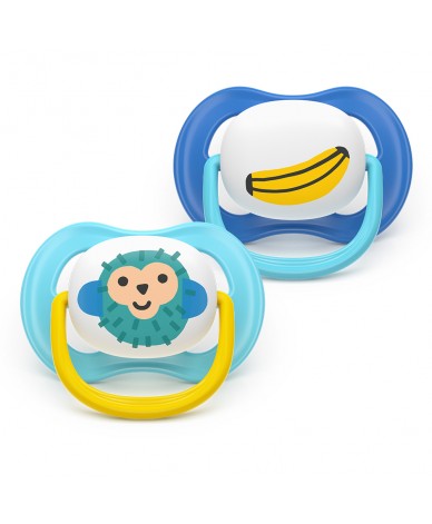 2 броя ортодонтски силиконови залъгалки Philips AVENT SCF080/26 Ultra Air Happy, 6-18м, в кутия за стерилизиране