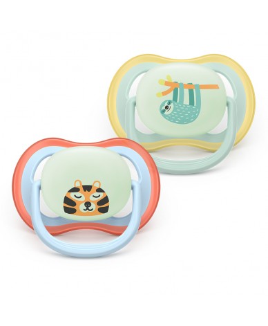 2 броя светещи в тъмното, ортодонтски силиконови залъгалки Philips AVENT SCF376/24 Ultra Air NightTime, 0-6м,