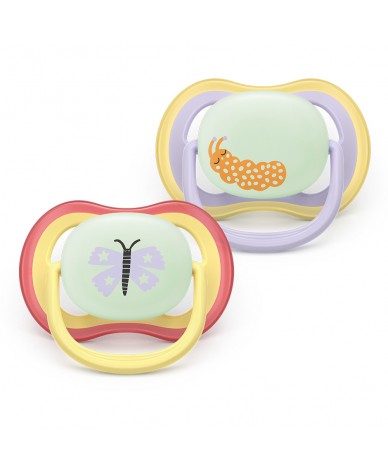 2 броя светещи в тъмното, ортодонтски силиконови залъгалки Philips AVENT SCF376/25 Ultra Air NightTime, 0-6м