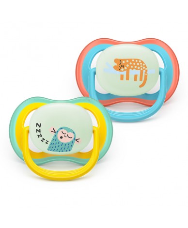 2 броя светещи в тъмното, ортодонтски силиконови залъгалки Philips AVENT SCF376/32 Ultra Air NightTime, 18м+