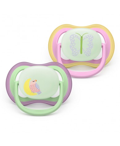 2 броя светещи в тъмното, ортодонтски силиконови залъгалки Philips AVENT SCF376/29 Ultra Air NightTime, 6-18м