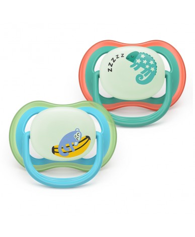 2 броя светещи в тъмното, ортодонтски силиконови залъгалки Philips AVENT SCF376/28 Ultra Air NightTime, 6-18м