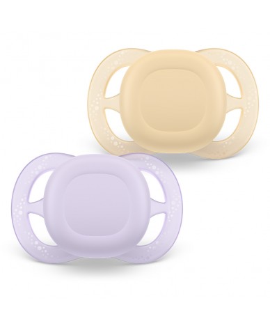 Комплект от 2 бр. ортодонтски силиконови залъгалки за новородени Philips AVENT SCF075/11 Ultra Start, в оранж и лилаво